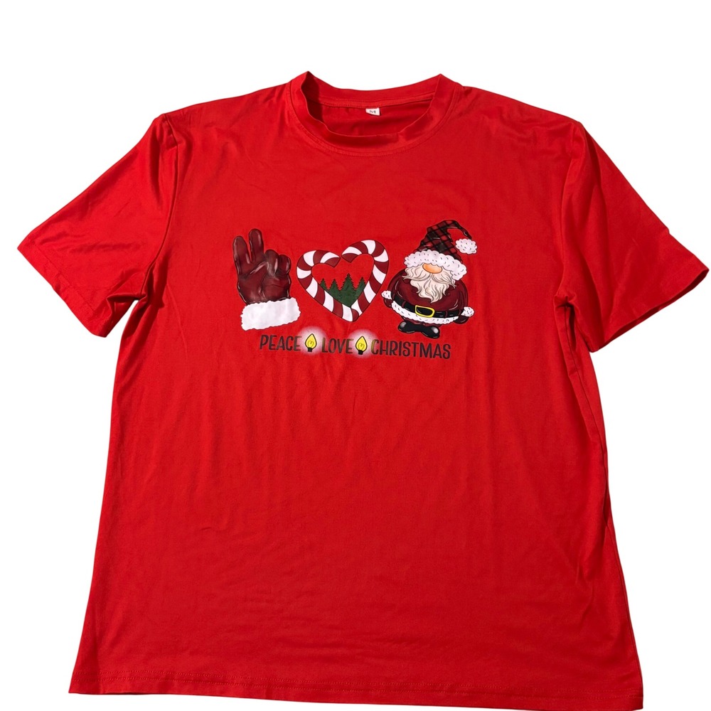 Peace Love Christmas Red Graphic T-Shirt Santa Gnome Plaid Size M Holidays Xmas